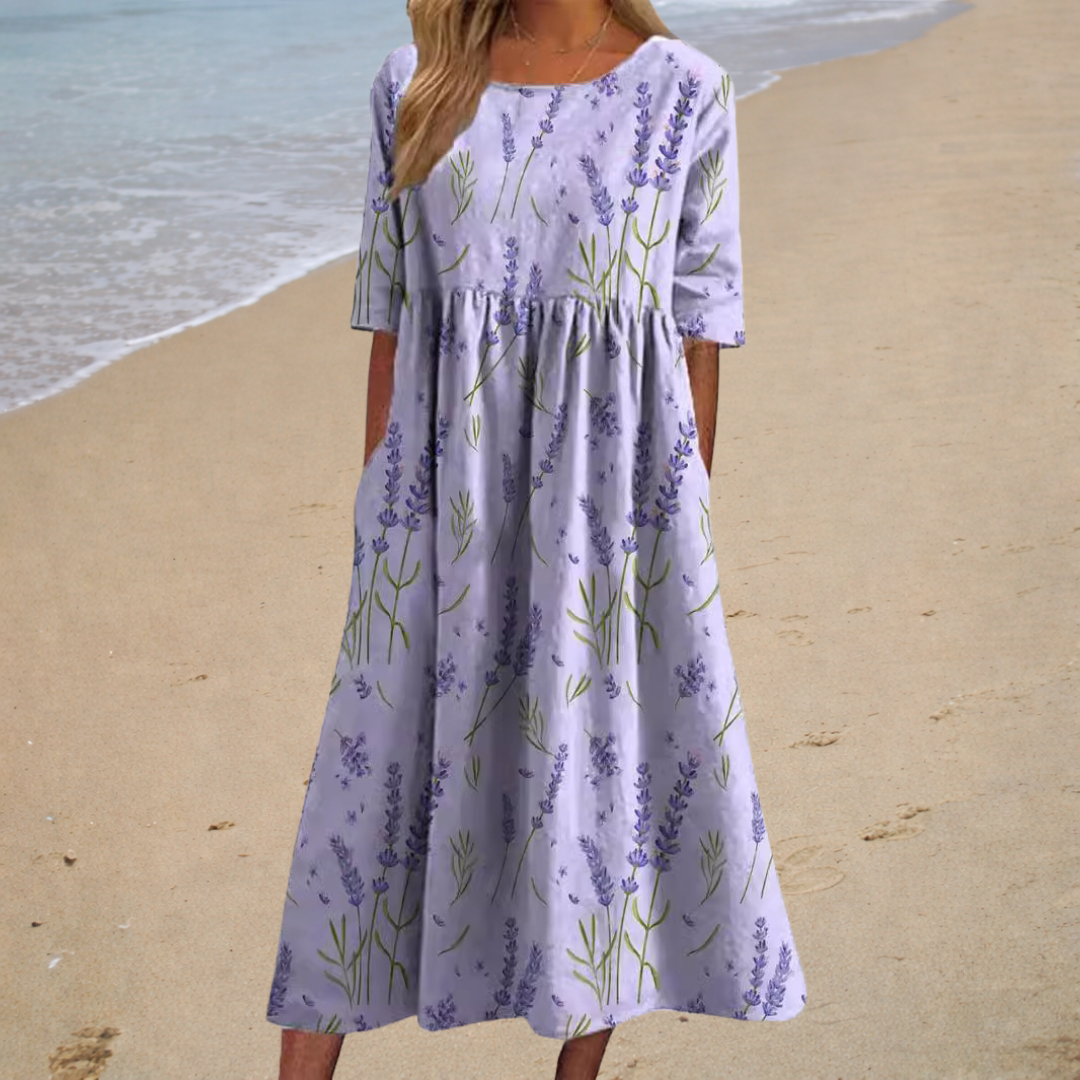 Catarina - Vestido de Praia Midi Romântico de Manga Curta