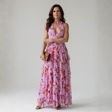 Margarida - Vestido Maxi Floral com Corpete Franzido e Alças