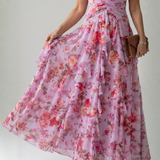Margarida - Vestido Maxi Floral com Corpete Franzido e Alças