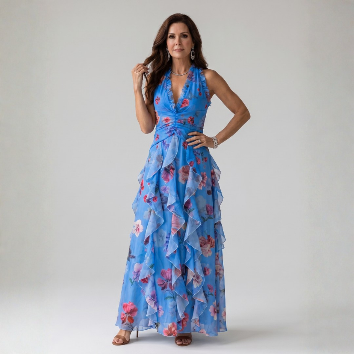 Margarida - Vestido Maxi Floral com Corpete Franzido e Alças