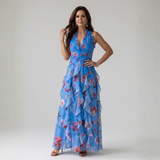 Margarida - Vestido Maxi Floral com Corpete Franzido e Alças