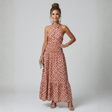 Joana - Vestido Midi com Estampa Geométrica e Alças Cruzadas