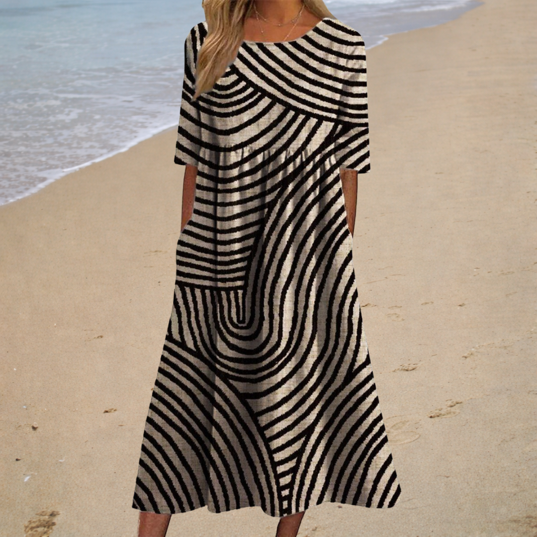 Catarina - Vestido de Praia Midi Romântico de Manga Curta