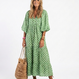 Sofia - Vestido Midi Estampado com Decote em V e Mangas Três Quartos