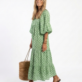 Sofia - Vestido Midi Estampado com Decote em V e Mangas Três Quartos