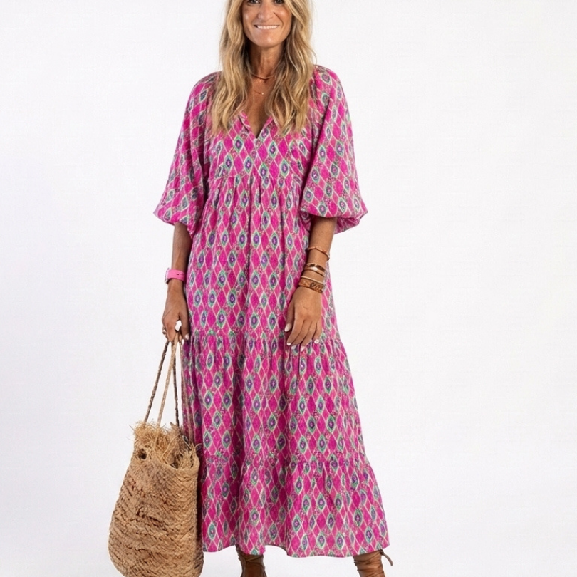 Sofia - Vestido Midi Estampado com Decote em V e Mangas Três Quartos