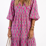Sofia - Vestido Midi Estampado com Decote em V e Mangas Três Quartos