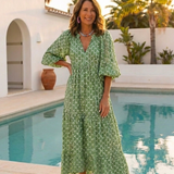 Sofia - Vestido Midi Estampado com Decote em V e Mangas Três Quartos