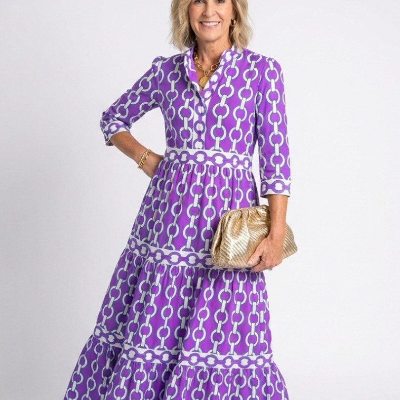 Mafalda - Vestido Midi com Mangas 3/4 e Padrão de Correntes