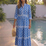 Mafalda - Vestido Midi com Mangas 3/4 e Padrão de Correntes
