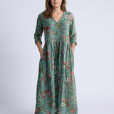 Flávia - Vestido Maxi com Decote em V e Mangas Três Quartos