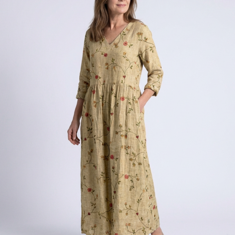 Flávia - Vestido Maxi com Decote em V e Mangas Três Quartos