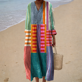 Susana - Vestido de Praia Maxi Colorblock de Manga Três Quartos