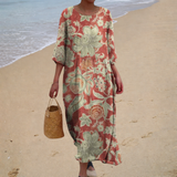 Benedita - Vestido de Praia Longo Floral de Manga Três Quartos