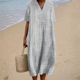 Tânia - Vestido de Praia Midi Listrado de Manga Curta