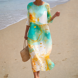 Camila - Vestido de Praia Midi Aquarela Luminescente de Manga Curta