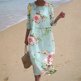 Margarida - Vestido de Praia Midi Florido de Manga Três Quartos