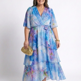 Rita - Vestido Maxi em Camadas com Decote em V e Cinto