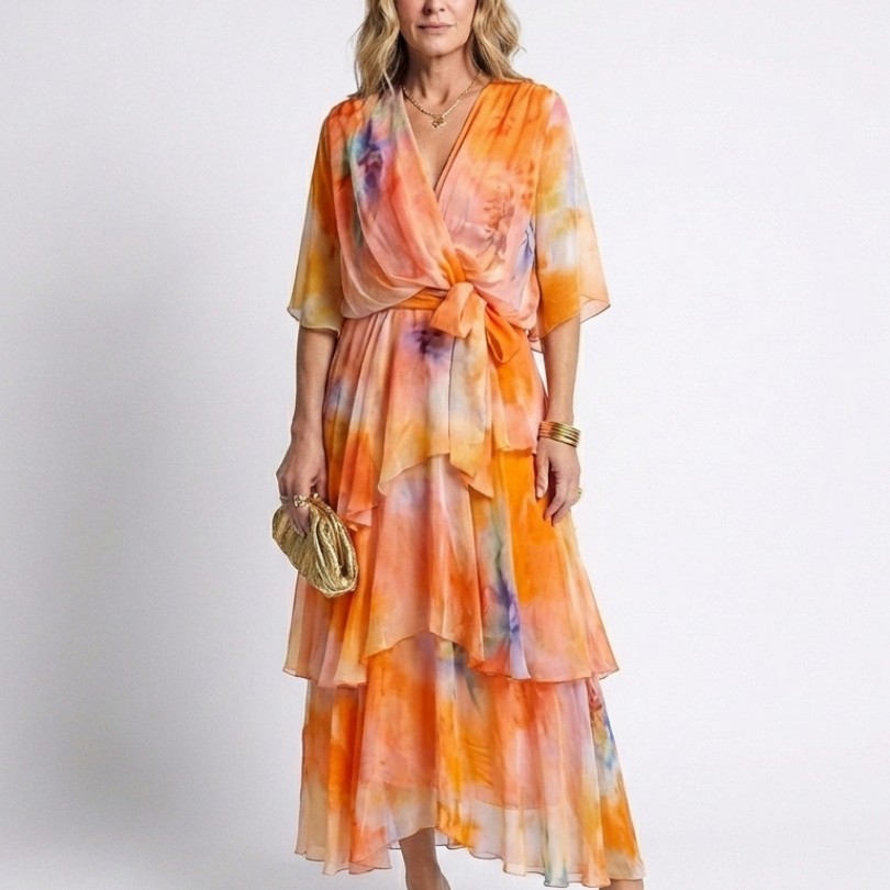 Rita - Vestido Maxi em Camadas com Decote em V e Cinto