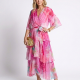 Rita - Vestido Maxi em Camadas com Decote em V e Cinto