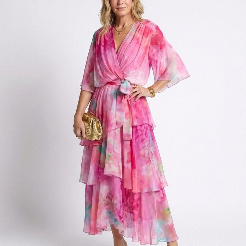 Rita - Vestido Maxi em Camadas com Decote em V e Cinto