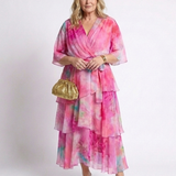 Rita - Vestido Maxi em Camadas com Decote em V e Cinto