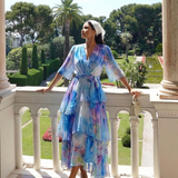 Rita - Vestido Maxi em Camadas com Decote em V e Cinto