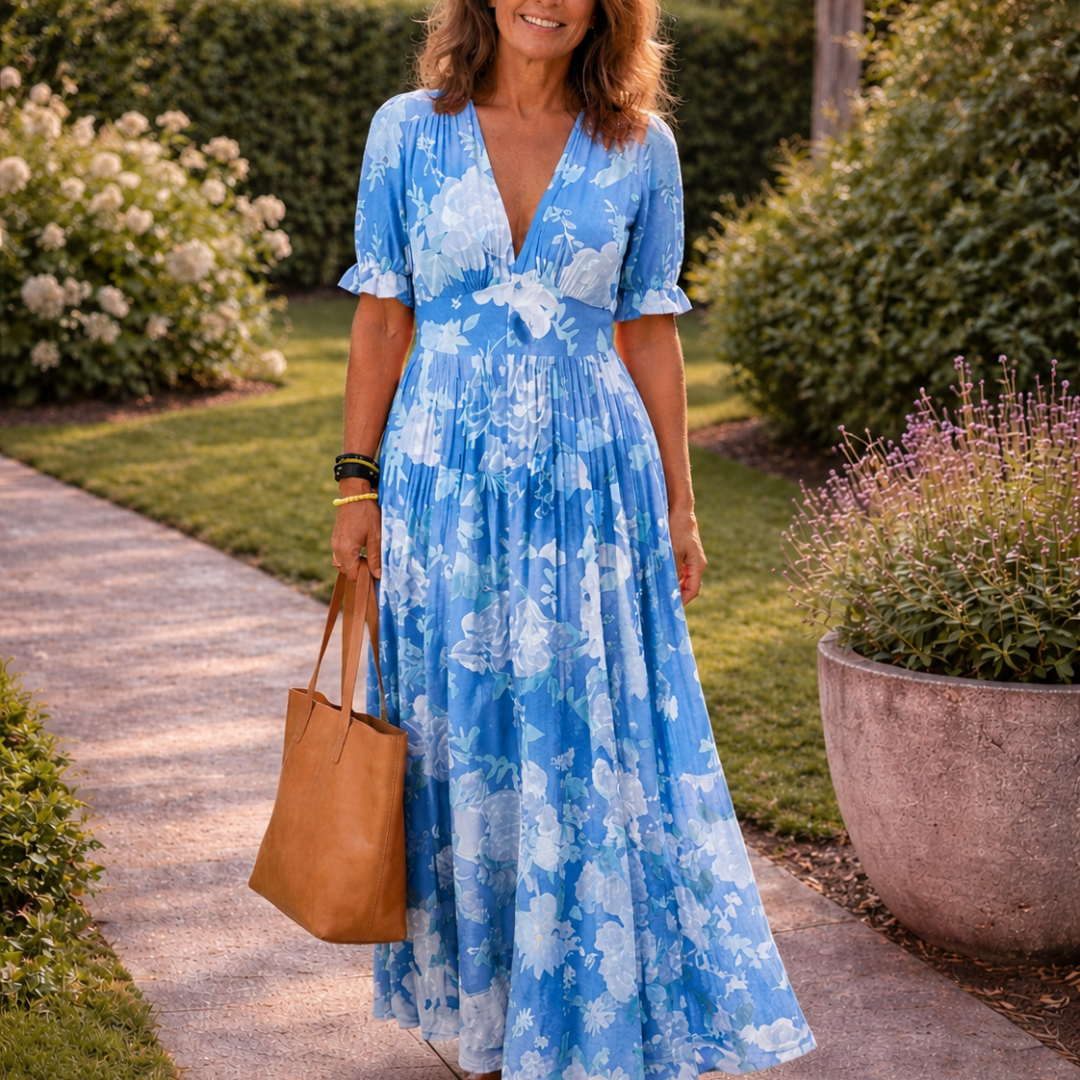 Marta - Vestido Midi Floral Sem Mangas com Decote em V